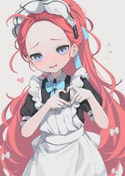 Rule 34 | 1girl, absurdres, apron, blue archive, blue eyes, blush, bow, flying sweatdrops, forehead, heart, heart hands, highres, maid, maid apron, maid headdress, official alternate costume, official alternate hairstyle, ponytail, red hair, solo, sweatdrop, sztxra, white bow, yuzu (blue archive), yuzu (maid) (blue archive)