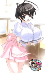 Rule 34 | 1girl, antenna hair, apron, between breasts, black eyes, black hair, breast rest, breasts, female focus, huge breasts, large breasts, leaning forward, omc, open mouth, short hair, skirt, smile, solo, standing, tray, waitress