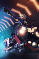 Rule 34 | 1girl, 2000 ad, black eyes, blonde hair, bodysuit, cover image, dredd, gloves, gun, headlight, highres, holding, holding gun, holding weapon, ilya kuvshinov, judge anderson, lips, looking to the side, motion blur, motor vehicle, motorcycle, outstretched arm, parted lips, science fiction, short hair, shoulder pads, solo, tunnel, weapon