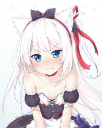 Rule 34 | &gt;:t, 1girl, :t, animal ears, apron, azur lane, bare shoulders, blue eyes, blush, breasts, cat ears, choker, cleavage, collarbone, corset, hammann (azur lane), long hair, looking at viewer, maid, pirason, remodel (azur lane), small breasts, solo, strapless, sweat, trembling, upper body, v-shaped eyebrows, v arms, waist apron, wavy mouth