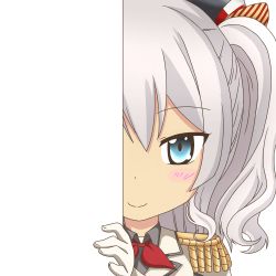 Rule 34 | 10s, 1girl, blue eyes, epaulettes, gloves, hair ornament, hat, kantai collection, kashima (kancolle), long hair, looking at viewer, military, military uniform, nagineko, peeking out, ribbon, silver hair, smile, solo, transparent background, tsurime, twintails, uniform, white gloves