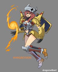 Rule 34 | 1girl, armor, digimon, female focus, fire, highres, personification, solo, wargreymon