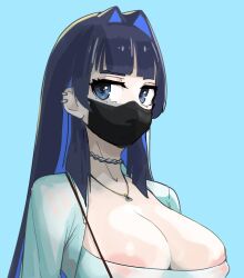 Rule 34 | 1girl, areola slip, bag, black hair, black mask, blue background, blue hair, blunt bangs, breasts, chain necklace, colored inner hair, dongtan dress, dress, ear piercing, hair intakes, handbag, highres, hololive, hololive english, jacket, jewelry, large breasts, long hair, long sleeves, looking at viewer, mask, mdthetest, meme attire, mouth mask, multicolored hair, necklace, no bra, ouro kronii, piercing, see-through, simple background, skindentation, solo, upper body, virtual youtuber, white dress, white jacket