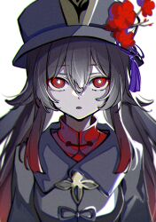 Rule 34 | 1girl, absurdres, bright pupils, chromatic aberration, coat, commentary, flower, flower-shaped pupils, genshin impact, grey coat, grey hair, grey hat, hair between eyes, hat, hat flower, hat tassel, highres, hu tao (genshin impact), long hair, long sleeves, looking at viewer, natsume hinako, parted lips, red eyes, red theme, simple background, solo, symbol-shaped pupils, upper body, white pupils