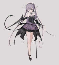 Rule 34 | 1girl, absurdres, cane, choker, cross, cross choker, demon tail, demon wings, dress, elbow gloves, flat chest, full body, gloves, grey background, grey eyes, grey hair, highres, long hair, looking at viewer, multiple wings, nitrio, original, purple dress, simple background, solo, tail, twintails, very long hair, wings