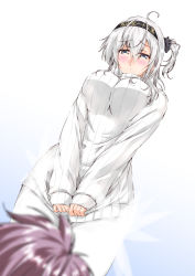 Rule 34 | ahoge, aoba (kancolle), blush, bodysuit, breasts, camera flash, closed mouth, clothes tug, clothes writing, covering crotch, covering privates, eyes visible through hair, from below, hair between eyes, hair ornament, hairband, half-closed eyes, holding, holding clothes, kantai collection, large breasts, long hair, mikage takashi, one side up, ponytail, purple hair, ribbed sweater, sidelocks, silver hair, suzutsuki (kancolle), sweater, sweater tug, white bodysuit