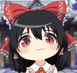 1girl :3 ascot bilingual_commentary black_hair bow brown_eyes chinese_commentary collared_shirt commentary_request eyebrows_hidden_by_hair frilled_bow frills hair_between_eyes hair_bow hair_tubes hakurei_reimu hakurei_shrine looking_at_viewer medium_hair mixed-language_commentary mutsuki_face_(blue_archive) portrait red_shirt shirt sleeveless sleeveless_shirt solo touhou yellow_ascot yige_lurenjia