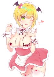 Rule 34 | 1girl, ;d, alternate costume, apron, black ribbon, black wings, blonde hair, bow, breasts, c8oyk, chocolate, chocolate on body, chocolate on breasts, coat, collar, demon wings, detached collar, dress, enmaided, fingernails, food on body, frilled apron, frilled collar, frills, garter straps, gluteal fold, green eyes, groin, hair between eyes, hair bow, hands up, head tilt, head wings, heart, idolmaster, idolmaster cinderella girls, idolmaster cinderella girls starlight stage, large breasts, maid, maid headdress, miyamoto frederica, nail polish, neck ribbon, no bra, no panties, one eye closed, open mouth, pink bow, pink dress, pink nails, ribbon, short hair, simple background, smile, solo, thigh gap, thighhighs, waist apron, white apron, white background, white coat, white thighhighs, wings, wrist cuffs