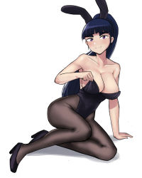 Rule 34 | 1girl, animal ears, arm support, bare shoulders, black footwear, black leotard, black pantyhose, blue hair, blunt bangs, blush, breasts, cleavage, closed mouth, collarbone, donburi (donburikazoku), dress shoes, ebino mei, eyelashes, fake animal ears, foreshortening, hand up, hatsukoi zombie, high heels, high ponytail, large breasts, leotard, long hair, looking at viewer, no bra, pantyhose, playboy bunny, rabbit ears, shadow, simple background, sitting, smile, solo, thick eyebrows, thighs, white background