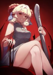 Rule 34 | 1girl, ass, bare shoulders, breasts, crossed legs, curly hair, eyebrows hidden by hair, feet out of frame, from below, gradient background, grin, highres, horns, looking at viewer, medium breasts, medium hair, red background, red eyes, simple background, sitting, smile, solo, suzuya (maru), thighs, touhou, toutetsu yuuma, white hair