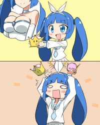 Rule 34 | 1girl, 2koma, blue eyes, blue hair, blunt bangs, blush, breast conscious, breasts, choker, comic, crown, cutting, flat chest, hair ribbon, hairband, holding, imagining, large breasts, long hair, nipako, open mouth, pleated skirt, ribbon, sailor, school uniform, serafuku, skirt, smile, solo, super crown, thought bubble, twintails, ultimate nipper, white ribbon, wide oval eyes, yuto (dialique)