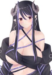 Rule 34 | 1girl, absurdres, belt, black belt, black hair, black jacket, blue belt, blue hair, blush, breasts, brown eyes, chest belt, cleavage, closed mouth, collarbone, commentary, curled horns, demon girl, demon horns, grey background, grey horns, hair between eyes, hebiyoi tier, hebiyoi tier (1st costume), highres, horns, jacket, large breasts, long hair, long sleeves, looking at viewer, medium bangs, multicolored hair, nanashi inc., navel, off shoulder, oja1226, open clothes, open jacket, pointy ears, sidelocks, simple background, smile, snake bite, solo, sugar lyric, two-tone hair, upper body, virtual youtuber
