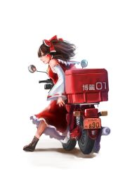 Rule 34 | 1girl, ascot, axe r18, boots, bow, breasts, brown eyes, brown footwear, brown hair, closed mouth, commentary request, detached sleeves, dress, frilled bow, frilled dress, frilled hair tubes, frills, full body, hair bow, hair tubes, hakurei reimu, license plate, long hair, looking at viewer, looking back, medium breasts, mirror, motor vehicle, motorcycle, red bow, red dress, ribbon-trimmed sleeves, ribbon trim, sarashi, simple background, sleeveless, sleeveless dress, smile, solo, touhou, white background, white sleeves, yellow ascot