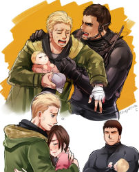 Rule 34 | 2boys, 2girls, alternate universe, baby, beard, blonde hair, brown hair, chris redfield, ethan winters, facial hair, father and daughter, hug, husband and wife, jacket, male focus, mia winters, mother and daughter, multiple boys, multiple girls, nagare, resident evil, resident evil 7: biohazard, resident evil village, short hair, tears