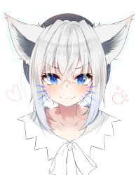 Rule 34 | 1girl, amato 0321, animal ears, blue eyes, blush, closed mouth, commentary request, crossed bangs, drawn whiskers, fang, fang out, fox ears, hair between eyes, hat, heart, highres, hololive, looking at viewer, portrait, shirakami fubuki, shirakami fubuki (street), short hair, sidelocks, silver hair, simple background, smile, solo, virtual youtuber, white background