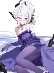 Rule 34 | 1girl, ass, banxuan c2ka, bare shoulders, black horns, blue archive, blush, breasts, closed mouth, collarbone, dangle earrings, demon horns, dress, drunk, earrings, elbow gloves, gloves, grey hair, halo, hina (blue archive), hina (dress) (blue archive), horns, jewelry, long hair, looking at viewer, lying, multiple horns, necklace, official alternate costume, official alternate hairstyle, pantyhose, pendant, pillow, purple dress, purple eyes, purple gloves, purple pantyhose, simple background, sleeveless, sleeveless dress, small breasts, solo, squeans, strapless, strapless dress, white background, white hair