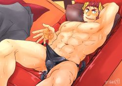 Rule 34 | 1boy, abs, anal tail, armpits, bara, beckoning, black male underwear, blush, briefs, bulge, cat tail, claude (housamo), couch, cum, cum in ass, erection, erection under clothes, facial hair, fake tail, feet out of frame, from above, gakei3, goatee, green eyes, implied yaoi, jacket, unworn jacket, large pectorals, laurel crown, long sideburns, lying, male focus, male underwear, mature male, muscular, muscular male, navel, nipples, on back, on couch, pectorals, presenting, red hair, short hair, sideburns, smile, solo, spread legs, stomach, sweat, tail, thick eyebrows, thick thighs, thighs, tokyo houkago summoners, underwear, underwear only