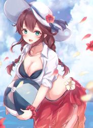 Rule 34 | 1girl, aqua eyes, bad id, bad pixiv id, ball, beachball, bikini, black bikini, blue sky, blush, braid, breasts, brown hair, cleavage, cloud, collarbone, commentary request, cowboy shot, day, hat, highres, kantai collection, large breasts, leaning forward, long hair, long sleeves, medium breasts, navel, noshiro (kancolle), open mouth, outdoors, red sarong, sa-ya2, sarong, shirt, sky, smile, solo, standing, sun hat, swept bangs, swimsuit, tied shirt, twin braids, white hat, white shirt