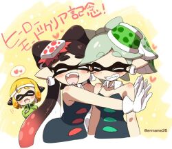 2girls 3girls agent_4_(splatoon) black_hair callie_(splatoon) earrings eromame fangs gloves grey_hair himejoshi hug inkling inkling_girl inkling_player_character jewelry long_hair marie_(splatoon) mole mole_under_eye multiple_girls nintendo open_mouth pointy_ears smile splatoon_(series) splatoon_2 squidbeak_splatoon tentacle_hair yuri