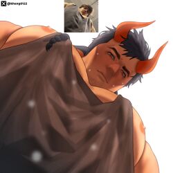 Rule 34 | 1boy, all saints street, animal ears, bara, black hair, dark-skinned male, dark skin, demon boy, demon horns, facial hair, foreshortening, goatee stubble, highres, horns, kheng0122, large pectorals, light smile, looking at viewer, looking down, male focus, meme, muscular, muscular male, nick holt, nipple slip, nipples, pectoral cleavage, pectoral focus, pectorals, photo-referenced, photo inset, reference inset, short hair, sidepec, solo, stubble, tank top, thick eyebrows, upper body, yur oc like this (meme)