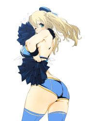 Rule 34 | 10s, 1girl, alternate costume, alternate hairstyle, aqua eyes, ass, atago (kancolle), back-seamed legwear, bad id, bad twitter id, bare shoulders, blue thighhighs, breasts, cheerleader, cowboy shot, from side, fur collar, goshiki suzu, hand on own hip, hat, heart, highres, kantai collection, large breasts, long hair, md5 mismatch, one eye closed, pom pom (cheerleading), resized, seamed legwear, short shorts, shorts, simple background, solo, thighhighs, twintails, white background