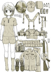 Rule 34 | 1girl, anti-personnel mine, anti-personnel weapon, assault rifle, baseball cap, boots, closed mouth, commentary request, dagger, dog tags, ebifly, english text, explosive, flashback, glue, grenade, greyscale, gun, hand grenade, hat, helmet, knife, looking at viewer, m16, m16a1, m18 claymore mine, m1 helmet, military, combat helmet, mine (weapon), monochrome, original, pants, rifle, shirt, short hair, short shorts, short sleeves, shorts, simple background, socks, solo, standing, watch, weapon, white background, wristwatch