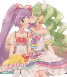 Rule 34 | 2girls, ahoge, bare shoulders, bow, colored eyelashes, commentary request, detached collar, detached sleeves, dress, facing another, falulu, falulu (awakened), forehead jewel, frilled dress, frills, green hair, hair bow, headphones, idol clothes, kiss, kissing forehead, long hair, manaka laala, multiple girls, on bench, one eye closed, open mouth, parted bangs, pink bow, pretty series, pripara, profile, puffy detached sleeves, puffy sleeves, purple hair, shiyurinpu, sidelocks, sitting, surprise kiss, surprised, treble clef, twintails, very long hair, white background, white dress, wing hair ornament, yuri