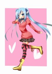 Rule 34 | artist request, blue eyes, blue hair, blush, boots, chain, collar, legs, long hair, nymph (sora no otoshimono), skirt, solo, sora no otoshimono, striped clothes, striped thighhighs, thighhighs, twintails