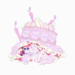 Rule 34 | 1girl, bandaged arm, bandages, bandaid, bandaid on arm, bandaid on leg, barefoot, birthday cake, black hair, cake, candle, closed eyes, commentary request, fire, food, fruit, full body, grey background, happy birthday, highres, icing, in food, lying, no pants, on side, original, oversized food, oversized object, parted lips, purple fire, short hair, simple background, single flame, sleeping, solo, sparkle, strawberry, uotak