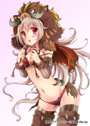 Rule 34 | 1girl, blush, breasts, brown hair, brown thighhighs, cleavage, company name, detached sleeves, leaning forward, long hair, long sleeves, looking at viewer, medium breasts, navel, open mouth, picpicgram, pink eyes, shinkai no valkyrie, solo, striped clothes, striped thighhighs, thighhighs, tusks, vertical-striped clothes, vertical-striped thighhighs