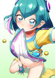 Rule 34 | 1girl, blue eyes, blue gloves, blue hair, blush, clothes lift, collarbone, dress, dress lift, fingerless gloves, from above, gloves, gradient background, green background, hagoromo lala, hairpods, hayashi keita, highres, jacket, kneeling, lifted by self, light blue hair, looking at viewer, mouth hold, multicolored hair, navel, panties, pink hair, pointy ears, precure, shiny skin, short hair, sitting, skirt hold, socks, solo, star (symbol), star in eye, star twinkle precure, streaked hair, symbol in eye, two-tone hair, underwear, wariza, white background, white dress, white panties, yellow footwear, yellow jacket