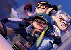 Rule 34 | + +, 3girls, agent 3 (splatoon), black dress, black footwear, black gloves, black hair, black leggings, blonde hair, blue headwear, blue sky, blurry, box, breasts, callie (splatoon), closed mouth, cross-shaped pupils, day, depth of field, dress, dutch angle, earrings, fangs, feet, female focus, gloves, grin, hand up, hands on hilt, hands up, happy, hat, head rest, headgear, highres, holding, holding umbrella, inkling, inkling girl, inkling player character, jewelry, layered sleeves, leggings, long hair, long sleeves, marie (splatoon), mole, mole under eye, multicolored hair, multiple girls, nintendo, object on head, odonkikun, on box, open mouth, orange eyes, outdoors, own hands together, pantyhose, peaked cap, pointy ears, sandals, shirt, short dress, short over long sleeves, short sleeves, siblings, sidelocks, sisters, sitting, sky, small breasts, smile, splatoon (series), splatoon 3, split mouth, standing, suction cups, symbol-shaped pupils, teeth, tentacle hair, tentacles, torn clothes, torn leggings, torn shirt, twintails, two-tone hair, umbrella, white dress, white hair, white pantyhose, wooden box, yellow eyes, yellow shirt