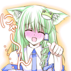 Rule 34 | 1girl, animal ears, blush, cat ears, cat girl, detached sleeves, embarrassed, closed eyes, fang, female focus, frog hair ornament, full-face blush, green hair, hair ornament, head tilt, kochiya sanae, long hair, nyan, open mouth, paw pose, shiren, shiren (monochrome structure), snake hair ornament, solo, touhou, translation request
