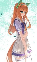 Rule 34 | 1girl, animal ears, aqua eyes, blush, bow, bowtie, clothing cutout, commentary, ear covers, from side, hairband, highres, horse ears, horse girl, horse tail, katuko deluxe, long hair, looking down, orange hair, pleated skirt, puffy short sleeves, puffy sleeves, purple bow, purple bowtie, purple serafuku, purple shirt, sailor collar, sailor shirt, school uniform, serafuku, shirt, short sleeves, silence suzuka (umamusume), skirt, tail, tail through clothes, thighhighs, tracen school uniform, umamusume, white bow, white hairband, white skirt, white thighhighs