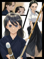 Rule 34 | 4girls, asymmetrical bangs, barefoot, black border, black eyes, black hair, black hakama, black kimono, border, bow, closed mouth, commentary request, frown, fukuda haru, girls und panzer, hair bow, hakama, highres, holding, holding staff, ikeda emi, japanese clothes, kendo, kimono, kubota rin, long hair, looking at viewer, low ponytail, multiple girls, nishi kinuyo, nmz zmn, outside border, partial commentary, rimless eyewear, round eyewear, shinai, short sleeves, staff, standing, sword, weapon, white bow, white kimono, wooden floor, wooden sword