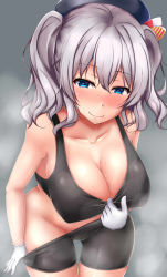 Rule 34 | 1girl, absurdres, bad id, bad pixiv id, bare shoulders, bike shorts, blue eyes, blush, breasts, cameltoe, commentary request, covered erect nipples, gloves, gluteal fold, grey eyes, heart, heart-shaped pupils, highres, kantai collection, kashima (kancolle), large breasts, looking at viewer, navel, no bra, no panties, shiny skin, silver hair, simple background, smell, smile, solo, steam, steaming body, sweat, symbol-shaped pupils, terakoya, tsurime, twintails, undressing, wavy hair, white gloves