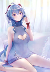 Rule 34 | 1girl, ahoge, bare legs, bare shoulders, bow, breasts, cleavage, cleavage cutout, clothing cutout, dress, feet, ganyu (genshin impact), genshin impact, heart, highres, legs, long hair, looking at viewer, medium breasts, nasioisi i, red bow, sleeveless, smile, solo, sweater, sweater dress, turtleneck, turtleneck dress