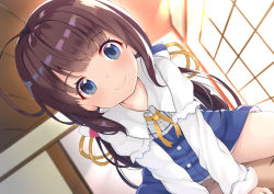Rule 34 | 10s, 1girl, ahoge, blue dress, blue eyes, blush, brown hair, closed mouth, commentary request, dress, dutch angle, head tilt, hinatsuru ai, indoors, layered sleeves, long hair, long sleeves, low twintails, no headwear, puffy short sleeves, puffy sleeves, ryuuou no oshigoto!, school uniform, short over long sleeves, short sleeves, sidelocks, smile, solo focus, straddling, toketou, twintails, very long hair