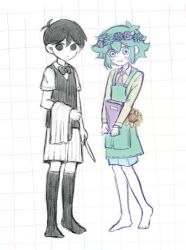 Rule 34 | 2boys, apron, basil (headspace) (omori), basil (omori), black bow, black bowtie, black eyes, black hair, bow, bowtie, collared shirt, colored skin, expressionless, flower, green apron, green eyes, green hair, green shirt, head wreath, highres, lilac aesthetic, long sleeves, looking at viewer, multiple boys, necktie, official alternate costume, omori, omori (omori), open mouth, red necktie, shirt, short hair, short sleeves, smile, sunflower, white skin