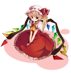 Rule 34 | 1girl, :t, ascot, blonde hair, female focus, flandre scarlet, hands on lap, hat, hat ribbon, looking at viewer, mob cap, nonomichi, own hands together, pout, puffy short sleeves, puffy sleeves, red eyes, ribbon, short hair, short sleeves, side ponytail, simple background, sitting, skirt, skirt set, solo, tears, touhou, v arms, white background, wings