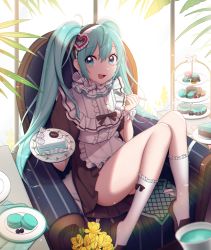 Rule 34 | /, 1girl, absurdres, ahoge, apron, aqua eyes, black dress, bow, cookie, dress, flower, food, frills, hair between eyes, hatsune miku, heart, highres, holding, indoors, looking at viewer, macaron, open mouth, plant, plate, shoes, sidelocks, sitting, smile, sunlight, twintails, uniform, vocaloid, white legwear, window, wrist cuffs