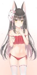 Rule 34 | 1girl, :o, animal ear fluff, animal ears, azur lane, bad anatomy, bare arms, bare shoulders, black hair, bra, brown background, brown eyes, cherry blossoms, chinese commentary, flower, fox ears, fox mask, gluteal fold, gradient background, highres, jyt, long hair, looking at viewer, mask, mask on head, multicolored hair, nagato (azur lane), nagato (great fox&#039;s respite) (azur lane), navel, panties, parted lips, pink flower, red bra, red panties, ribbon-trimmed legwear, ribbon trim, side-tie panties, solo, thighhighs, two-tone hair, underwear, very long hair, white background, white thighhighs, yellow eyes