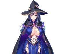 Rule 34 | 1girl, arm at side, blue eyes, breasts, cape, cleavage, cowboy shot, female focus, game cg, hand on own chest, hand up, hat, large breasts, legs, long hair, looking at viewer, navel, original, purple hair, revealing clothes, saxasa kisuk, simple background, smile, solo, standing, tachi-e, thighhighs, thighs, transparent background, witch hat, yandere na majo sanshimai ni shinuhodo aishi tsukusareru isekai seikatsu