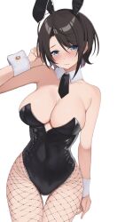 Rule 34 | 1girl, alternate costume, animal ears, bare shoulders, black hair, black leotard, black necktie, blue eyes, blush, breasts, cleavage, covered navel, detached collar, fake animal ears, fishnet pantyhose, fishnets, hand up, highres, hololive, large breasts, leotard, looking at viewer, necktie, oozora subaru, pantyhose, playboy bunny, rabbit ears, short hair, short necktie, simple background, solo, strapless, strapless leotard, sweat, virtual youtuber, wabimochi, white background, wrist cuffs