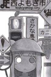 Rule 34 | !, 1girl, :o, animal ear headwear, arrow (symbol), crab, fake animal ears, fish, hat, hatching (texture), helmet, heterochromia, highres, long hair, monochrome, nimi 117, open mouth, road sign, shimeji simulation, sign, simple background, solo, stop sign, the gardener (shimeji simulation), traffic light, white background