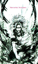 Rule 34 | 1boy, black sclera, boku no hero academia, chromatic aberration, clenched hand, colored sclera, english text, fighting stance, floating hair, greyscale, highres, long hair, looking at viewer, male focus, mature male, monochrome, open mouth, pants, solo, straight-on, teeth, torn clothes, torn sleeves, tsukuyomi kou, twitter username, yagi toshinori
