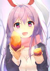 Rule 34 | 1girl, :d, absurdres, animal ears, black cardigan, blurry, blurry background, blush, breasts, breasts apart, cardigan, diving penguin, food, hair between eyes, highres, holding, holding food, large breasts, long hair, long sleeves, looking at viewer, open cardigan, open clothes, open mouth, pink eyes, pink scarf, purple hair, rabbit ears, reisen udongein inaba, scarf, smile, solo, straight hair, sweater, touhou, upper body, very long hair, white sweater