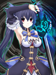 Rule 34 | 1girl, armpits, bare shoulders, black hair, breasts, cleavage, detached collar, detached sleeves, glowing, glowing sword, glowing weapon, hair ribbon, highres, holding, holding sword, holding weapon, kagura ittou, long hair, looking at viewer, medium breasts, neptune (series), noire (neptunia), red eyes, ribbon, smile, solo, sword, twintails, very long hair, weapon