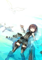 Rule 34 | 10s, 1girl, bike shorts, bird, boots, bow (weapon), broken, broken weapon, brown eyes, brown hair, clothing cutout, cropped jacket, crossbow, flight deck, fo line, headgear, high collar, highres, kantai collection, looking at another, lying, machinery, on back, open mouth, partially submerged, remodel (kantai collection), side cutout, skirt, solo, taihou (kancolle), thigh boots, thighhighs, water, weapon