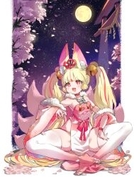 Rule 34 | 1girl, animal ears, bell, blonde hair, blush, breasts, cherry blossoms, detached sleeves, dress, fang, fox ears, fox girl, fox tail, full moon, fur trim, hair bell, hair ornament, highres, kkaebing, long hair, moon, multicolored hair, multiple tails, night, open mouth, original, panty straps, red eyes, red hair, short dress, sky, small breasts, smile, solo, star (sky), starry sky, streaked hair, tail, thighhighs, torii, tree, two-tone hair, very long hair, white thighhighs
